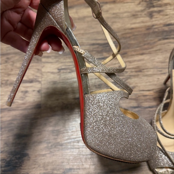 Christian Louboutin Champagne Glitter Strappy Peep-Toe Heels - Picture 2 of 7